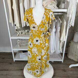 Row A size XS goldenrod, mustard yellow floral wrap dress maxi feminine #3825